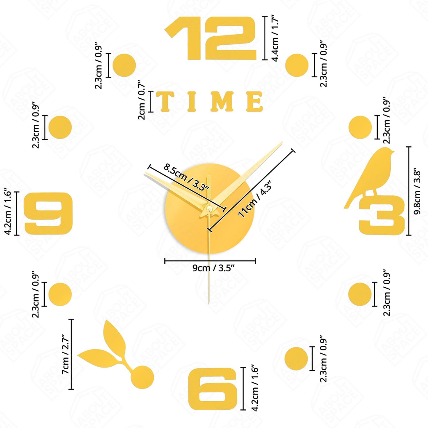 ABOUT SPACE Wall Clock - DIY Wall Sticker Clock Self Adhesive, Non-Ticking, Frameless, Acrylic Analog Watch Adjustable Size for Living Room, Bedroom, Office (Gold - Numbers, Birds, Dots)