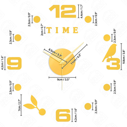 ABOUT SPACE Wall Clock - DIY Wall Sticker Clock Self Adhesive, Non-Ticking, Frameless, Acrylic Analog Watch Adjustable Size for Living Room, Bedroom, Office (Gold - Numbers, Birds, Dots)
