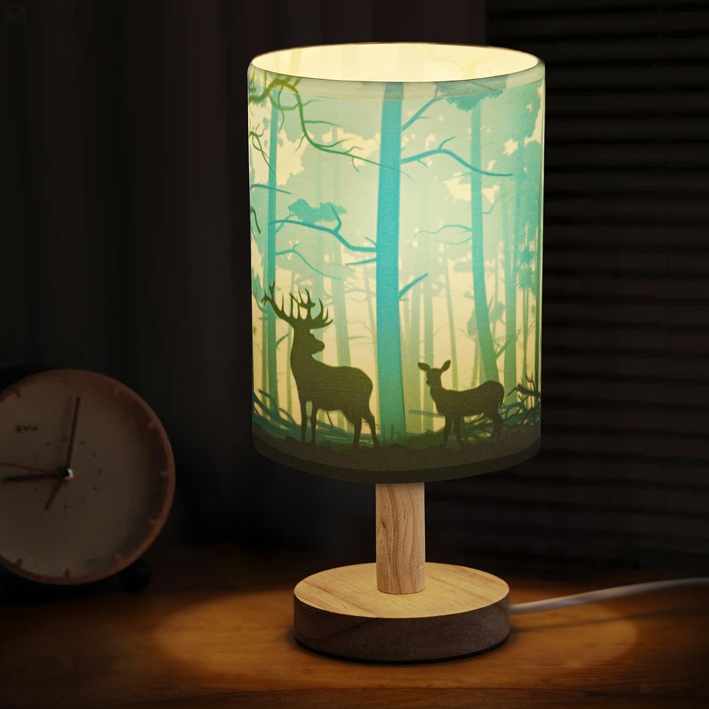 ABOUT SPACE Night Lamp - Deer Themed Bedside Reading Lamp with Wooden Base for Night, Bed Room, Living Room, Home & Decor- Cylindrical Lamp Shades for Living Room with Light (Bulb Included)