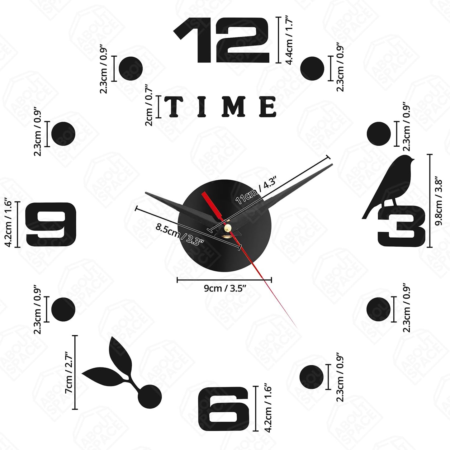 ABOUT SPACE Wall Clock - DIY Wall Sticker Clock Self Adhesive, Non-Ticking, Frameless, Acrylic Analog Watch Adjustable Size for Living Room, Bedroom, Office (Black - Numbers, Birds, Dots)