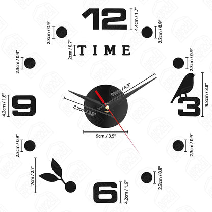 ABOUT SPACE Wall Clock - DIY Wall Sticker Clock Self Adhesive, Non-Ticking, Frameless, Acrylic Analog Watch Adjustable Size for Living Room, Bedroom, Office (Black - Numbers, Birds, Dots)