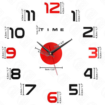 ABOUT SPACE Wall Clock - DIY Wall Sticker Clock Self Adhesive, Non-Ticking, Frameless, Acrylic Analog Watch Adjustable Size for Living Room, Bedroom, Office (Black, Red - Numbers)