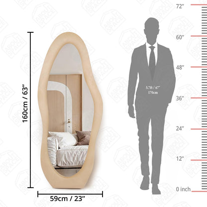 ABOUT SPACE Mirror Full Length - 5 Feet Asymmetrical Cheval Mirror for Wall with Stand & Hanging Holes, MDF Frame with Fabric Cover Vertical Display for Living Room, Bedroom (Cream)
