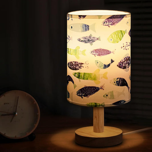 ABOUT SPACE Night Lamp - Fish Themed Bedside Reading Lamp with Wooden Base for Night, Bed Room, Living Room, Home & Decor- Cylindrical Lamp Shades for Living Room with Light (Bulb Included)