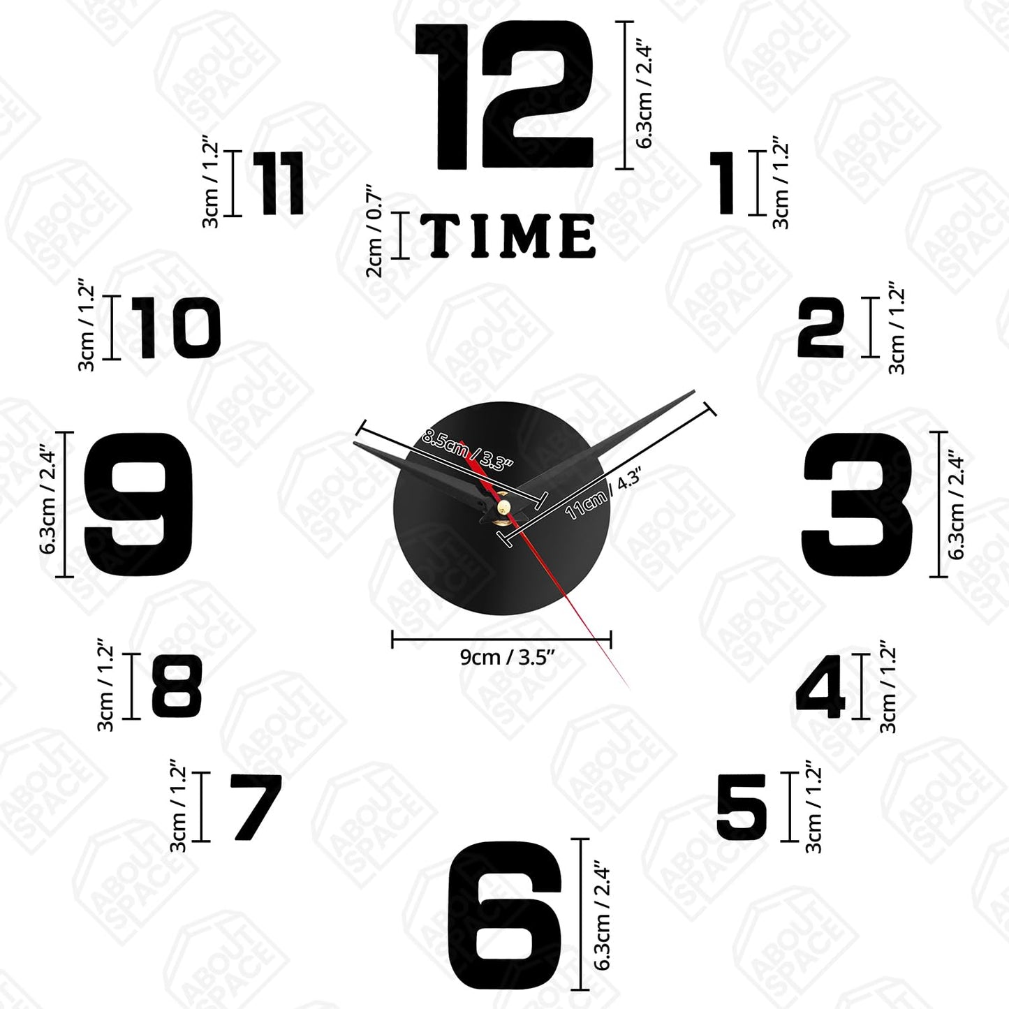 ABOUT SPACE Wall Clock - DIY Wall Sticker Clock Self Adhesive, Non-Ticking, Frameless, Acrylic Analog Watch Adjustable Size for Living Room, Bedroom, Office (Black - Numbers)