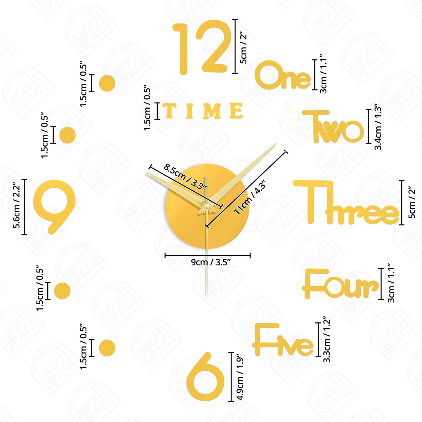 ABOUT SPACE Wall Clock - DIY Wall Sticker Clock Self Adhesive, Non-Ticking, Frameless, Acrylic Analog Watch Adjustable Size for Living Room, Bedroom, Office (Gold - Numbers, Words, Dots)