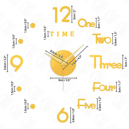 ABOUT SPACE Wall Clock - DIY Wall Sticker Clock Self Adhesive, Non-Ticking, Frameless, Acrylic Analog Watch Adjustable Size for Living Room, Bedroom, Office (Gold - Numbers, Words, Dots)