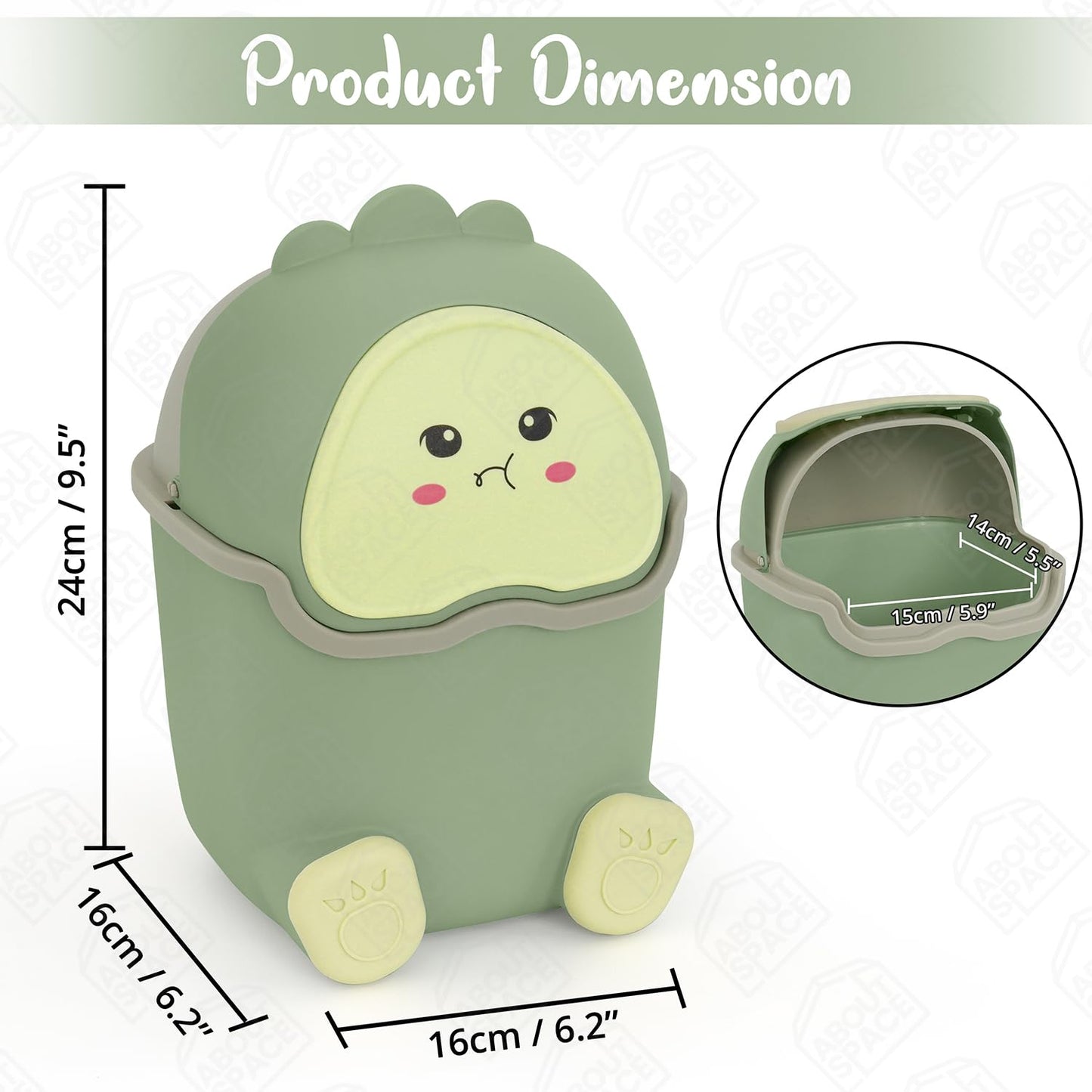ABOUT SPACE Small Dustbin for Study Table - Mini Desktop Trash Can with Flip Lid - Garbage Bin for Office Bedroom Vanity - Cartoon Themed Small Size Table Dustbin (Green - L 16 x B 16 x H 24 cm)