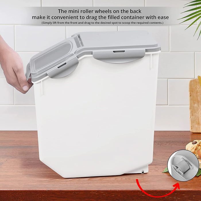 ABOUT SPACE 15-Kg Rice Dispenser (2 Pack) - Airtight Rice Storage Container with Measuring Cup - Rice Barrel Dispenser - Moisture Proof Kitchen Organiser for Cereals, Grains, Pulses & Pet Food - Grey