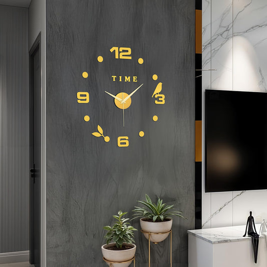 ABOUT SPACE Wall Clock - DIY Wall Sticker Clock Self Adhesive, Non-Ticking, Frameless, Acrylic Analog Watch Adjustable Size for Living Room, Bedroom, Office (Gold - Numbers, Birds, Dots)
