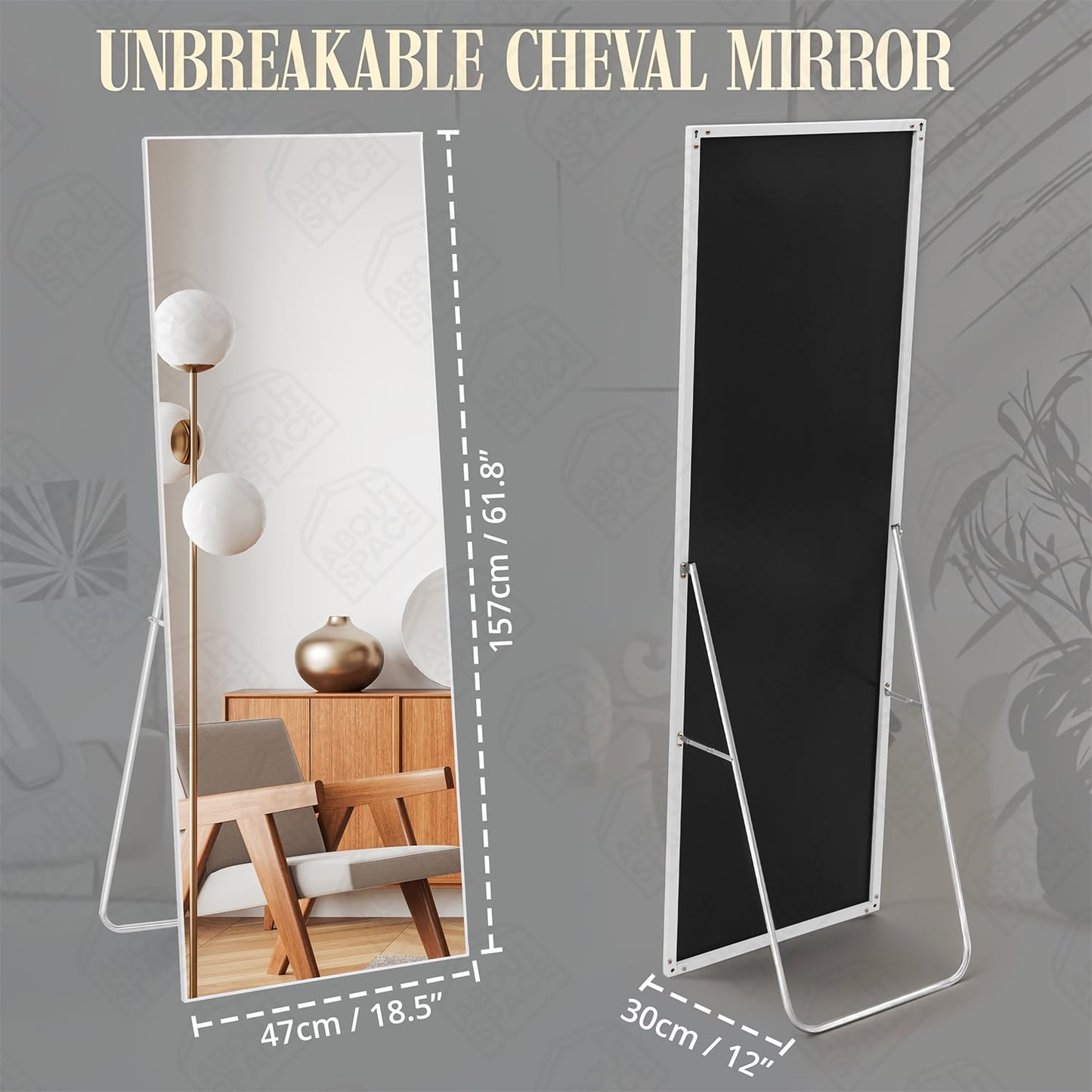 ABOUT SPACE Cheval Mirror for Wall - 5 Feet Unbreakable Mirror for Bedroom | Full Length Tempered Glass with Stand Thin Frame Aluminium Alloy Vertical Hanging Display for Living Room, Bedroom - White