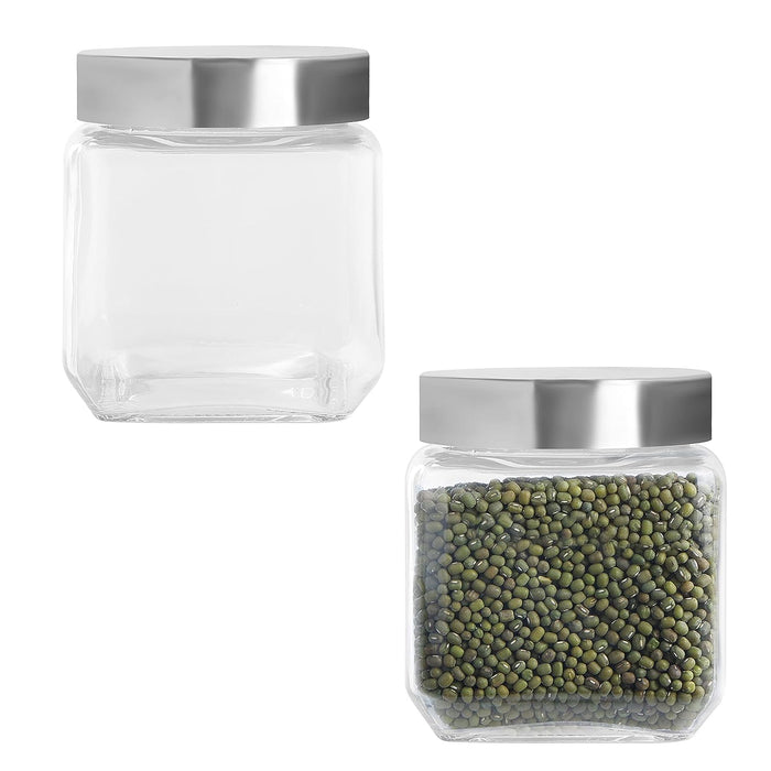 ABOUT SPACE Glass Containers with Lid - 500 ml Transparent Kitchen Storage Airtight Moistureproof Jars for Kitchen, Pantry Cereals, Tea, Coffee, Snacks, Jam - Small (Pack of 2 - L 9 x B 9 x H 10.5 cm)