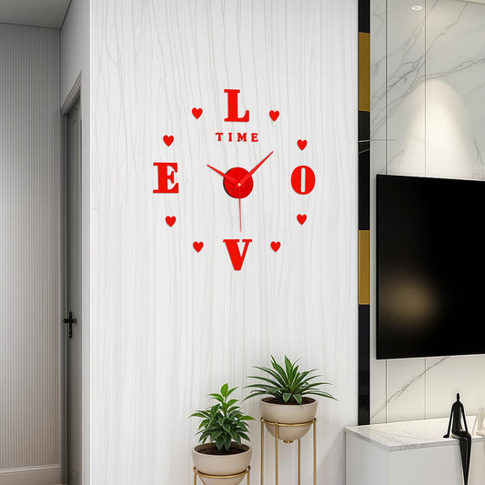 ABOUT SPACE Wall Clock - DIY Wall Sticker Clock Self Adhesive, Non-Ticking, Frameless, Acrylic Analog Watch Adjustable Size for Living Room, Bedroom, Office (Red - Letters, Hearts)