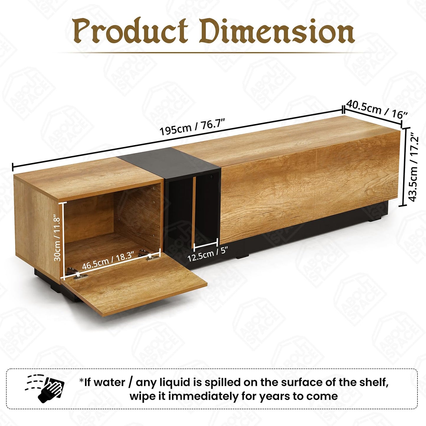 ABOUT SPACE TV Unit - Engineered Wooden TV Stand Table Cabinet with Drop Down Doors & Split Open Compartment, Cable Hole for WiFi Router Stand for Living Room (CM Oak& Black-L195 x B40.5 x H43.5 cm)