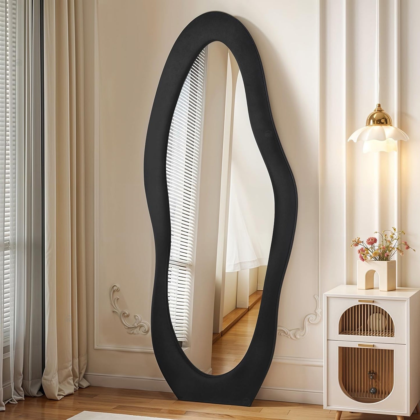 ABOUT SPACE Mirror Full Length - 5 Feet Asymmetrical Cheval Mirror for Wall, MDF Frame with Fabric Cover Vertical Display for Living Room, Bedroom (Black - H 160 x W 60 cm)