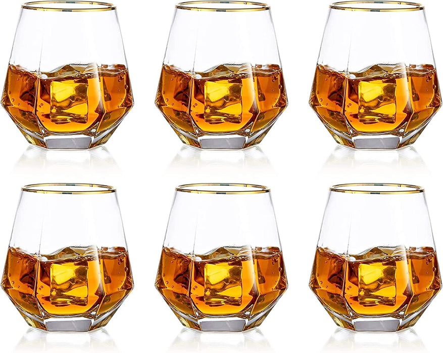 ABOUT SPACE Whisky Glass (Set of 6) - 300ml Hexagon Cut Stemless Drinking Glasses with Golden Rim for Liquor, Wine, Cocktail Drinks - Transparent Modern Cocktail, Mocktail Tumblers Glassware