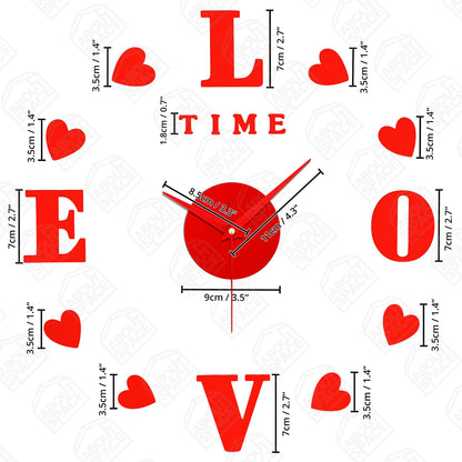 ABOUT SPACE Wall Clock - DIY Wall Sticker Clock Self Adhesive, Non-Ticking, Frameless, Acrylic Analog Watch Adjustable Size for Living Room, Bedroom, Office (Red - Letters, Hearts)