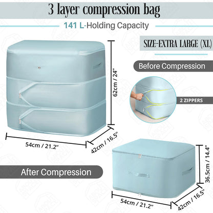 ABOUT SPACE Ultra Space Saving Self Compression Organizer - 141 L Vacuum Storage Bags - Packing Vaccine Bags for Clothes with 2 Layer Zipper Airtight Reusable - (Blue- XL - L 54 x B 42 x H 62 cm)