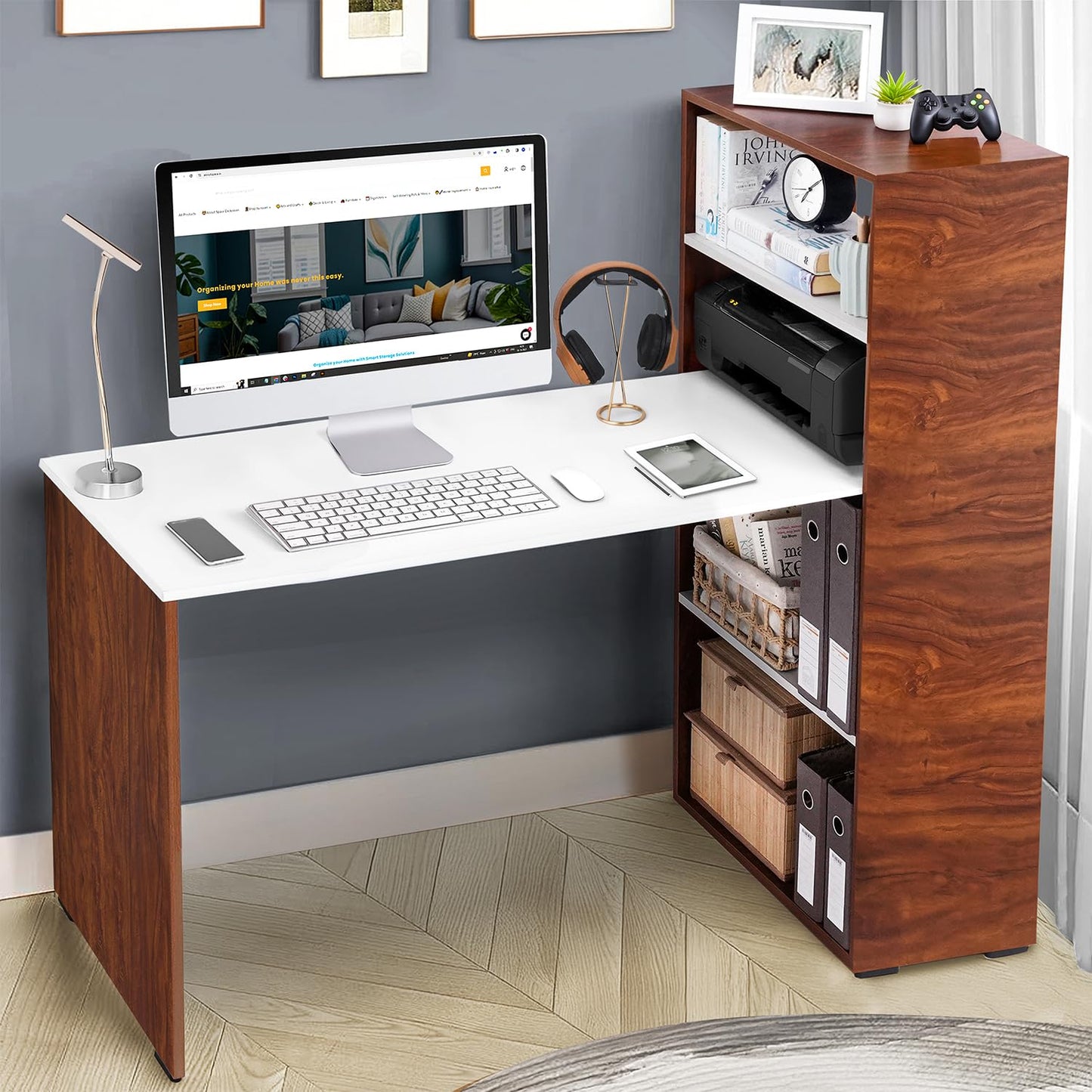 ABOUT SPACE Study Table with 4 Tier  Book Shelf - Computer Table with Storage for PC, Laptop & Writing DIY Engineered Wood Office Table for Home [White & Oak Red L 120 x B 53 x H 124.5 cm]