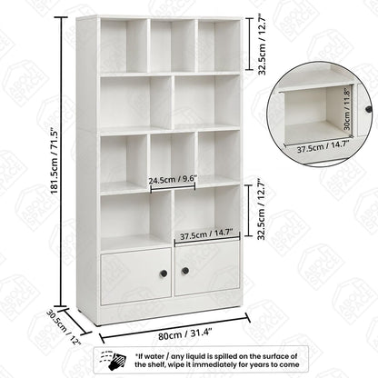 ABOUT SPACE Book Shelf for Home - 10 Shelves with Bottom Closed Compartment, Engineered Wood Book Rack for Study Room, Book Organizer Stand for Library, Living Room, (L 80 x B 30.5 x H 181.5cm -White)