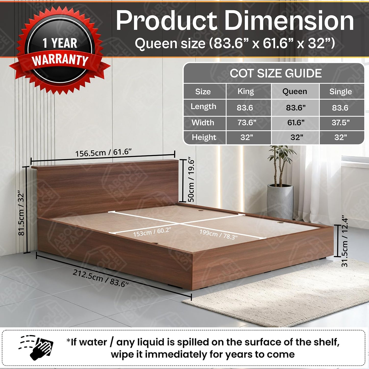 ABOUT SPACE Bed - (84 x 62 inches) Queen Size Bed with Storage Box, Headboard| Floor Standing Engineered Wooden Bed Frame,MDF Base Panel |1-Year Warranty Cot for Bedroom - Maldau Acacia (Rustic Brown)
