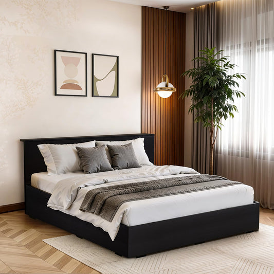 ABOUT SPACE Bed - (84 x 62 inches) Queen Size Bed with Storage Box & Headboard| Floor Standing Engineered Wooden Bed Frame, MDF Base Panel | 1-Year Warranty Cot for Bedroom - Smoked Pine