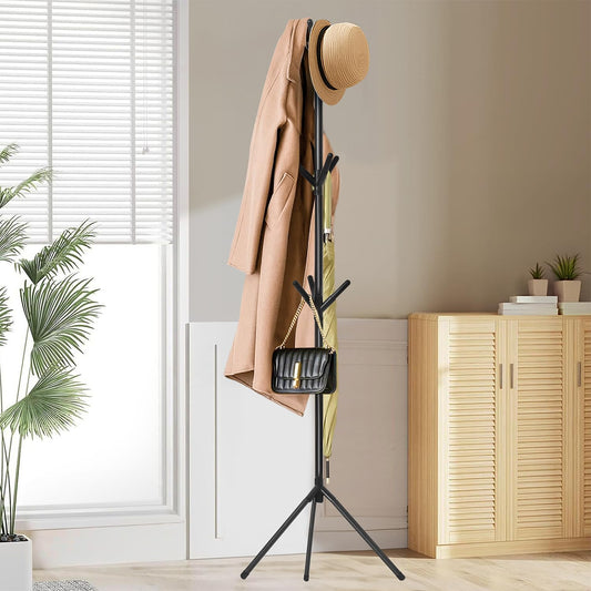 ABOUT SPACE Coat Hanger Stand for Home - Detachable Coat Rack with Triangle Base 9 Hooks for Umbrella Bags Dress Hanger Stand for Adults Children Bedroom Living Room (Black L 50 x B 50 x H 171.5 cm)