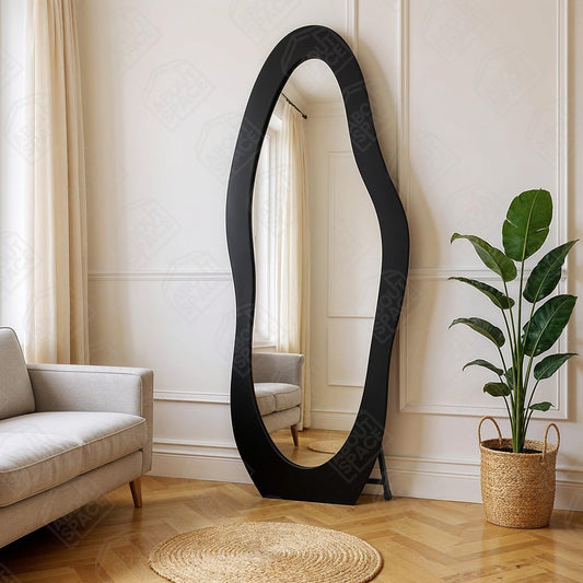 ABOUT SPACE Mirror Full Length - 5 Feet Asymmetrical Cheval Mirror for Wall with Stand & Hanging Holes, MDF Frame with Fabric Cover Vertical Display for Living Room, Bedroom (Black - H 160 x W 60 cm)