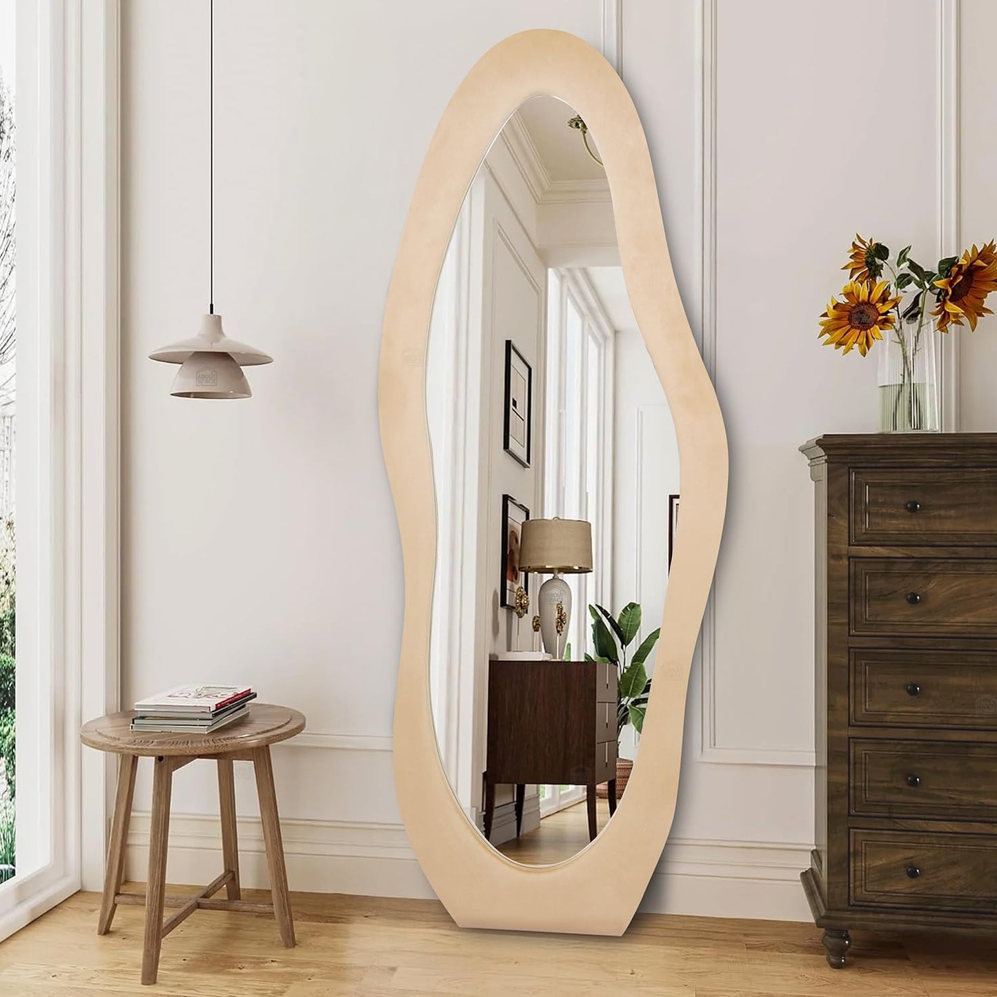 ABOUT SPACE Mirror Full Length - 5 Feet Asymmetrical Cheval Mirror for Wall, MDF Frame with Fabric Cover Vertical Display for Living Room, Bedroom (Cream - H 160 x W 60 cm)