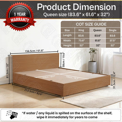 ABOUT SPACE Bed - (84 x 62 inches) Queen Size Bed with Storage Box & Headboard| Floor Standing Engineered Wooden Bed Frame, MDF Base Panel | 1-Year Warranty Cot for Bedroom - Golden Teak