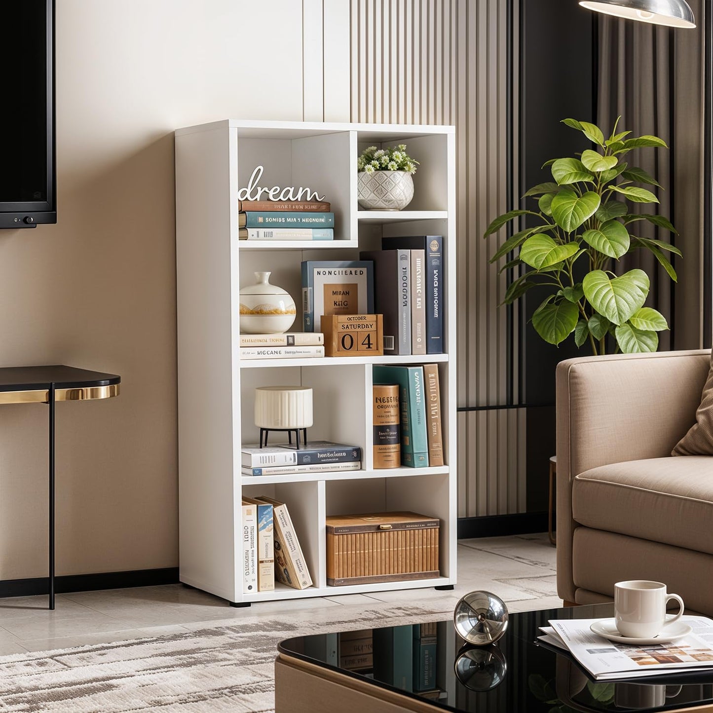 ABOUT SPACE Book Shelf for Home Library - Book Rack with 7 Different Sized Shelves for Living Room, Bedroom, Home Office Book Stand for Kids, Adults Wooden Book Shelf (White - L 50 x B 26 x H 107 cm)