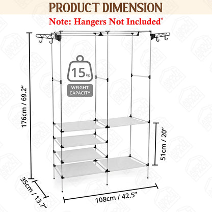 ABOUT SPACE Double Column Cloth Stand - Freestanding Metal Garment Rack with 6 Fabric Shelves & Side Hooks - Cloth Rack for Bedroom, Living Room, Walkin Closet (Black L 108 x B 35 x H 176 cm)