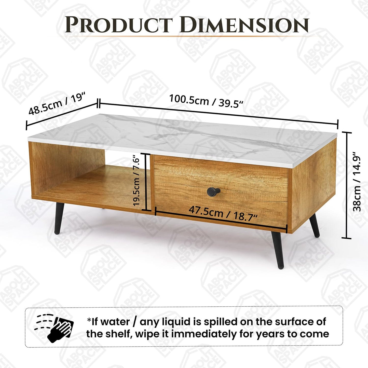 ABOUT SPACE Coffee Table - Center Table for Living Room with Drawer & Storage Compartment, Engineered Wood Rectangle Teapoy with Tapered Legs for Hall -(CM Oak & White Marble L 100.5x B 48.5x H 38 cm)
