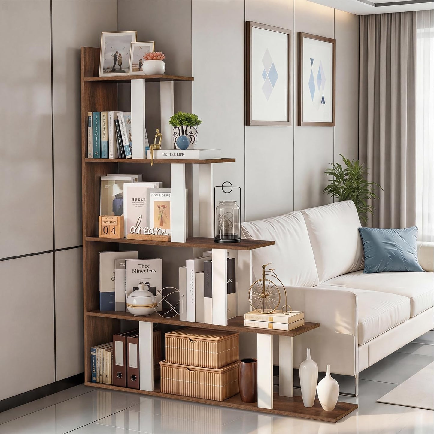 ABOUT SPACE Book Shelf - 5 Tier L-Shaped Unique Step Pattern Book Stand for Home Library, Office Engineered Wood Unit for Bedroom, Living Room (L 100 x B 25 x H 151.5 cm - White & Walnut)