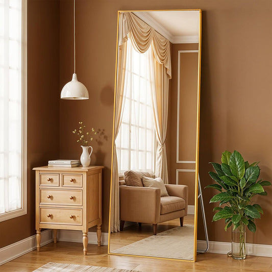 ABOUT SPACE Cheval Mirror for Wall - 5 Feet Unbreakable Mirror for Bedroom | Full Length Tempered Glass with Stand Thin Frame Aluminium Alloy Vertical Hanging Display for Living Room, Bedroom - Golden