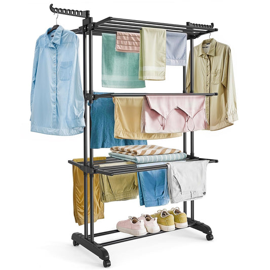 ABOUT SPACE 6 ft Clothes Drying Stand - 3 Layer Foldable Cloth Dryer Stand, Portable with Castor Wheels, 24 Hanger Rods & 2 Wings - Anti Rust Steel Double Pole (Black - L 75 x B 50 x H 168 cm)