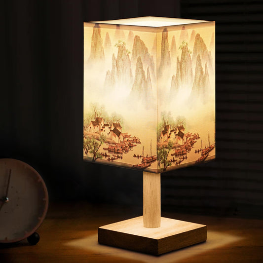 ABOUT SPACE Night Lamp - Landscape Themed Bedside Reading Lamp with Wooden Base for Night, Bed Room, Living Room, Home & Decor- Square Lamp Shades for Living Room with Light (Bulb Included)