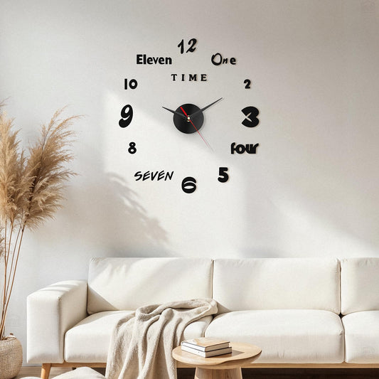 ABOUT SPACE Wall Clock - DIY Wall Sticker Clock Self Adhesive, Non-Ticking, Frameless, Acrylic Analog Watch Adjustable Size for Living Room, Bedroom, Office (Black - Numbers, Words)