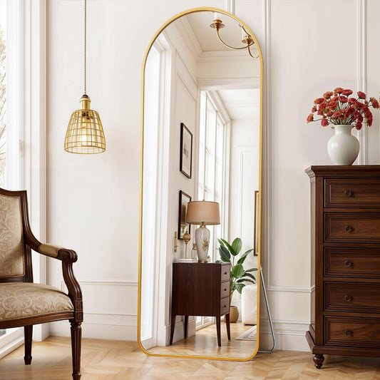 ABOUT SPACE Cheval Mirror for Wall - 5 Feet Unbreakable Arch Mirror for Bedroom | Full Length Tempered Glass with Stand, Frame Aluminium Alloy Vertical Hanging Display for Living Room, Bedroom - Gold