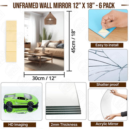 ABOUT SPACE 6 Pcs Full Length Glass Mirror for Wall 18 x12 Inch Acrylic Wall Mirror with Double Tape Frameless Flexible Entryway Washbasin Bedroom Home Gym Bathroom Vanity Mirror (45 x 30 cm)