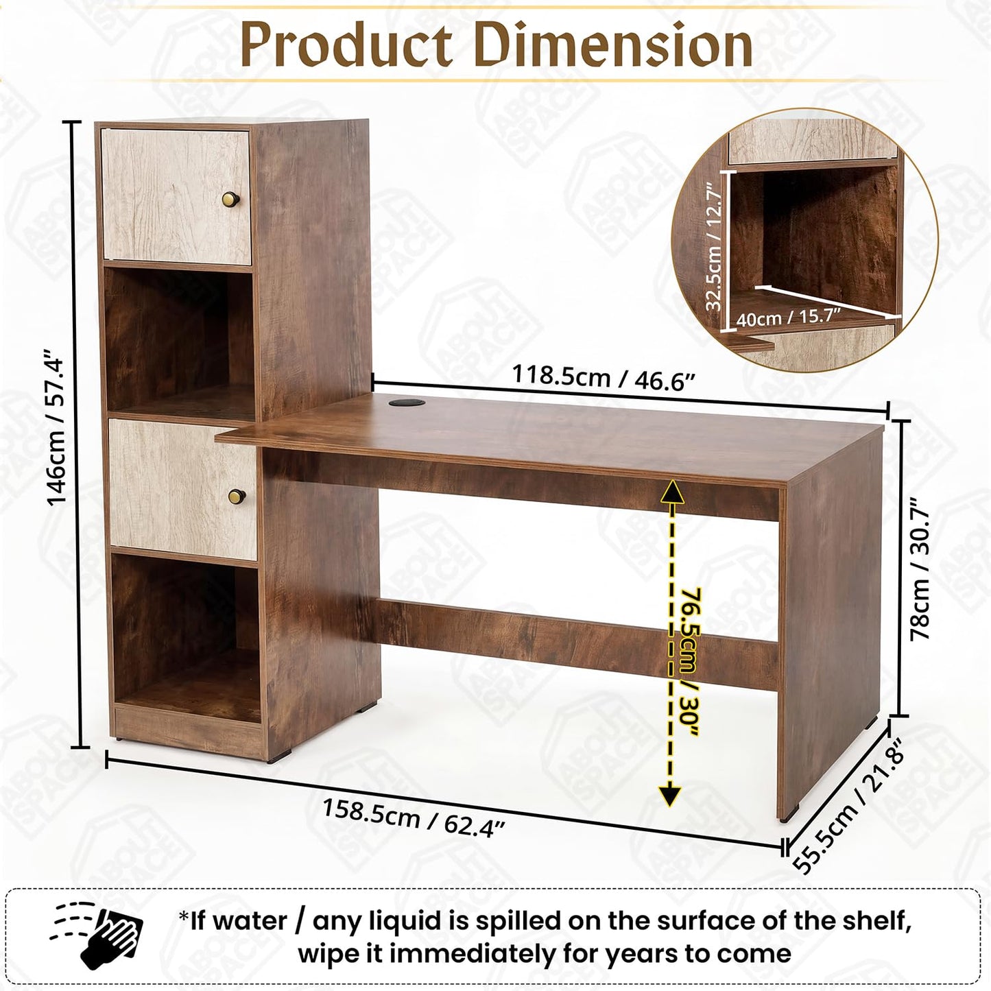 ABOUT SPACE Study Table with Cabinet - Computer Table with 2 Open, 2 Closed Storage Space DIY Engineered Wood Office Desk for PC Laptop Gaming (Beige & Walnut - L 158.5 x B 56 x H 146.5cm)