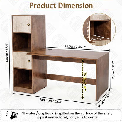 ABOUT SPACE Study Table with Cabinet - Computer Table with 2 Open, 2 Closed Storage Space DIY Engineered Wood Office Desk for PC Laptop Gaming (Beige & Walnut - L 158.5 x B 56 x H 146.5cm)