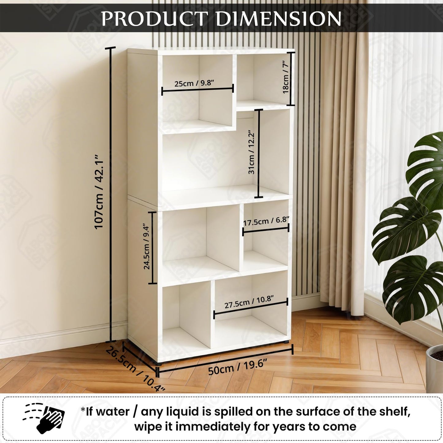 ABOUT SPACE Book Shelf for Home Library - Book Rack with 7 Different Sized Shelves for Living Room, Bedroom, Home Office Book Stand for Kids, Adults Wooden Book Shelf (White - L 50 x B 26 x H 107 cm)