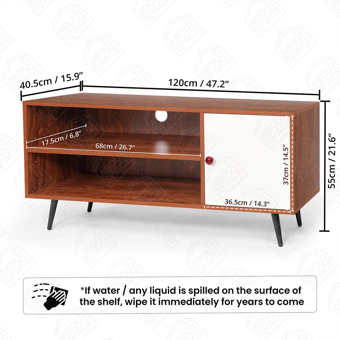 ABOUT SPACE TV Unit - Engineered Wooden TV Stand Table with Cable Hole, Cabinet with Door, Adjustable Shelf for WiFi Router Stand for Living Room, Bedroom (White & Oak Red - L 120 x B 40.5 x H 55 cm)