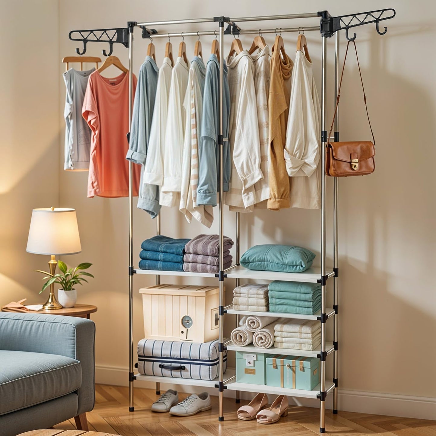 ABOUT SPACE Double Column Cloth Stand - Freestanding Metal Garment Rack with 6 Fabric Shelves & Side Hooks - Cloth Rack for Bedroom, Living Room, Walkin Closet (Black L 108 x B 35 x H 176 cm)