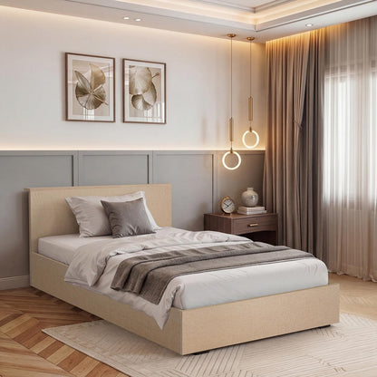 ABOUT SPACE Bed - (84 x 38 inches) Single Bed with Storage Box & Headboard| Floor Standing Engineered Wooden Bed Frame, MDF Base Panel | 1-Year Warranty Cot for Bedroom - Satin Weave (Linen Beige)