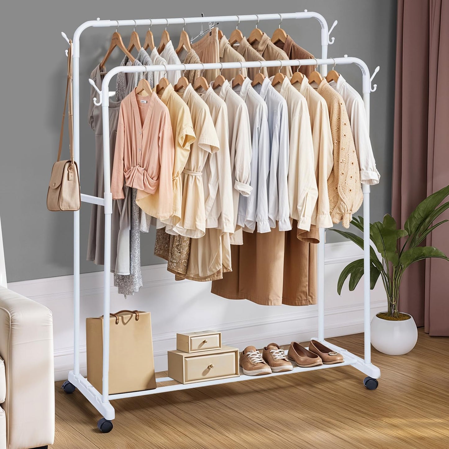 ABOUT SPACE Double Pole 2 Layer Bars Cloth Stand - Freestanding Metal Garment Rack with Bottom Storage, Side Hooks & Caster Wheels - Cloth Rack for Bedroom Living Room (White L110.5 x B45 x H 149.5cm)