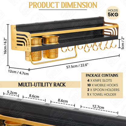 ABOUT SPACE Kitchen Organizer Rack - Wall Mount Aluminium Wall Hanging Shelves - Hooks for Ladles Spoons Pans Cutlery Spice Organiser with Towel & Knife Holder(Black, Gold- L 57.5 x B 12 x H 16 cm)