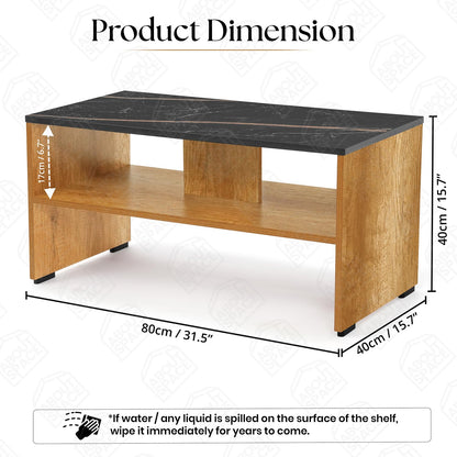 ABOUT SPACE Coffee Table - Center Table for Living Room with 2 Open Compartments, Engineered Wood Tea Table with Storage Teapoy Table for Living Room (CM Oak & Black Marble - L 90 x B 40 x H 40 cm)
