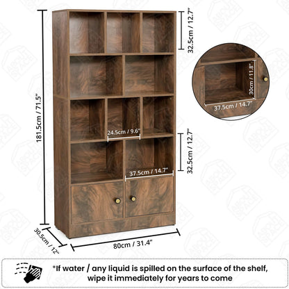 ABOUT SPACE Book Shelf for Home - 10 Shelves with Bottom Closed Compartment, Engineered Wood Book Rack for Study Room, Book Organizer Stand for Library, Living Room(L 80 x B 30.5 x H 181.5cm -Walnut)